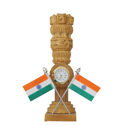 Wooden Carved Ashoka Stambh Pillar with Flags & Clock (Brown)