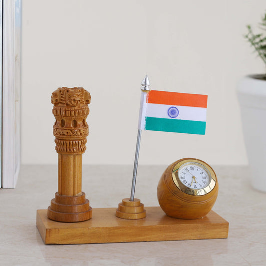 Wooden Stylish Ashoka Stambh  Stand with Clock & Flag Elegant Desk Organizer | Patriotic Gift | Office & Home Décor