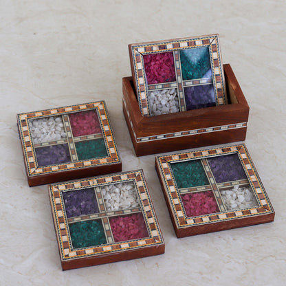 Antique Design Gemstone Wooden Tea Coaster Set (Set of 4) Elegant Handcrafted Coasters for Tea, Coffee & Table Décor