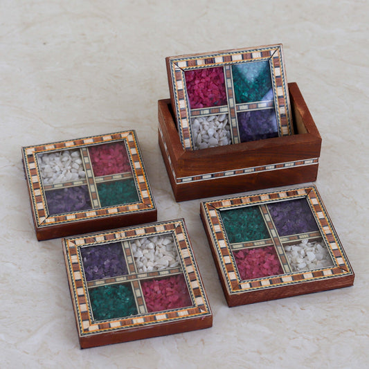 Antique Design Gemstone Wooden Tea Coaster Set (Set of 4) Elegant Handcrafted Coasters for Tea, Coffee & Table Décor