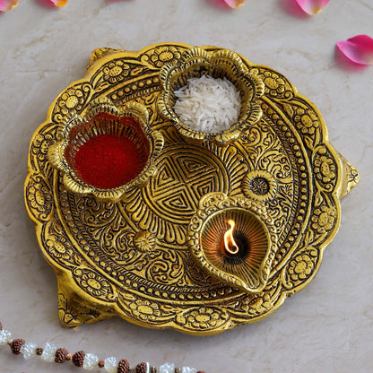 Metal Pooja Thali with Diya, Swastik & Floral Design Traditional Pooja Plate for Festivals, Rituals & Gifting