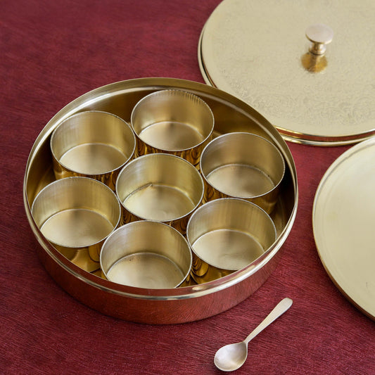 Pure Brass Spice Box for Kitchen – Traditional Masala Container with 7 Detachable Compartments & Spoon (40ml Each)